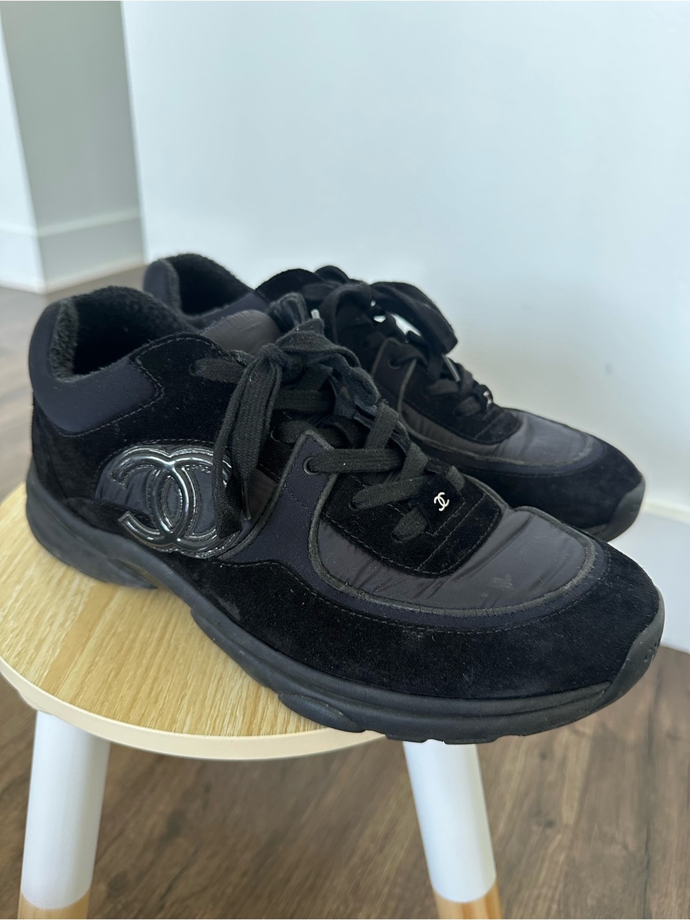 CHANEL Black Suede & Leather Men's Sneakers with CC Emblem